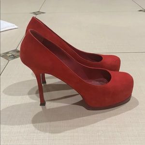 YSL tribute red suede pumps.